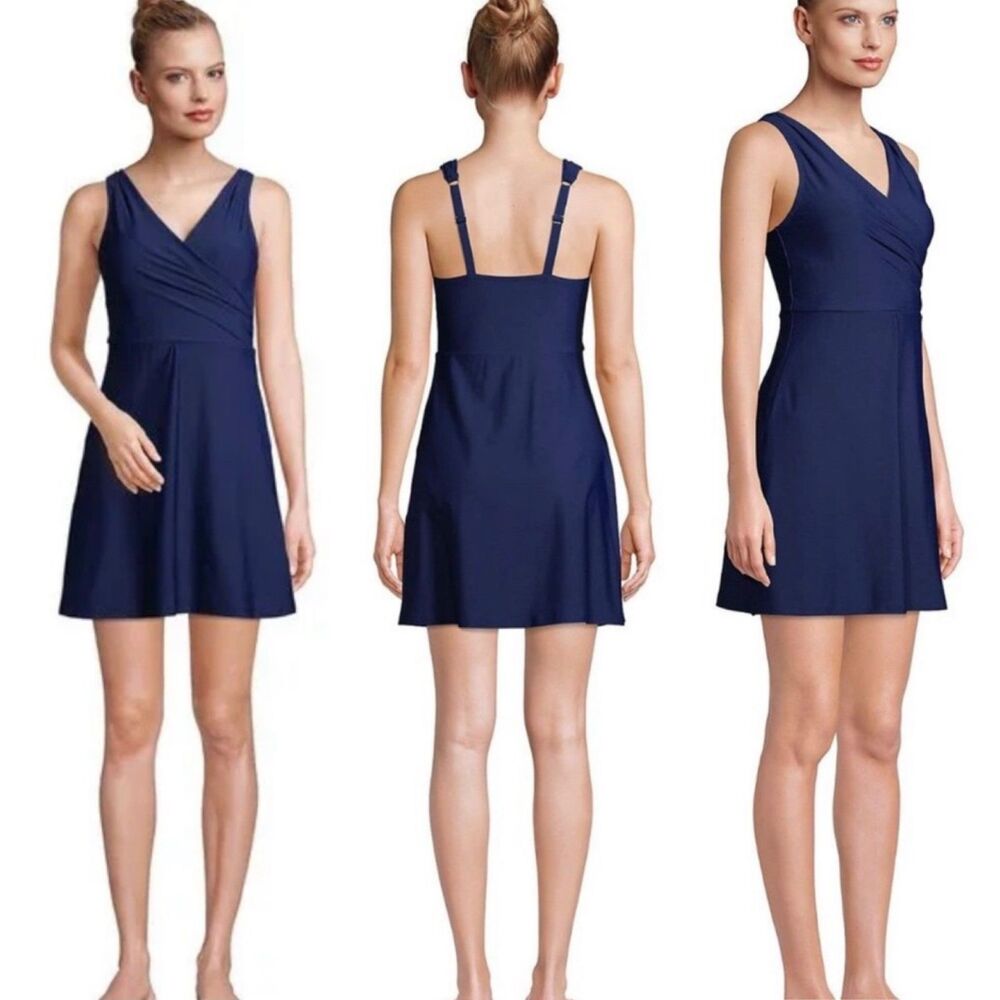 Lands' End V-neck Flattering Swim Dress Navy 2